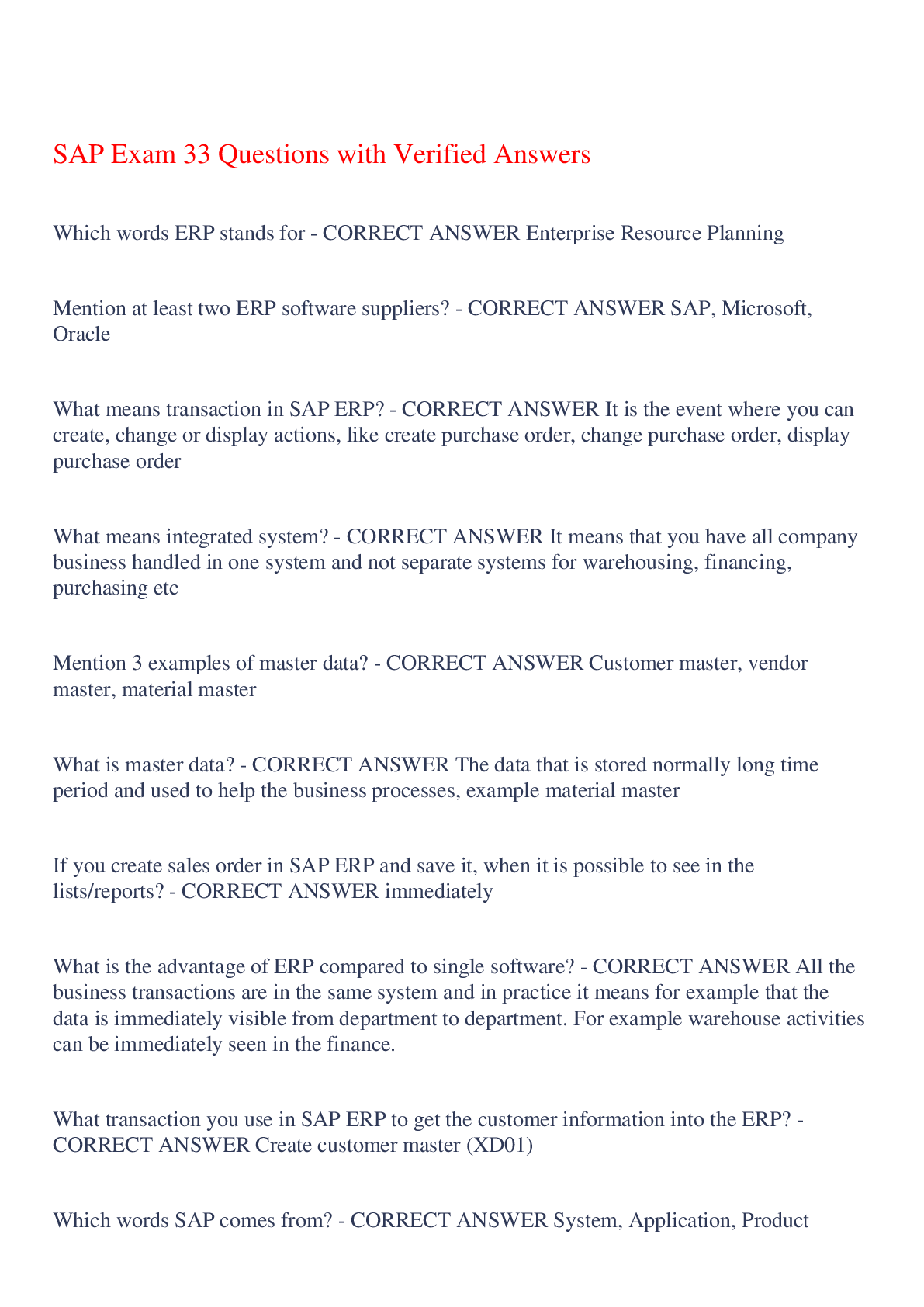 Preview image of SAP Exam 33 Questions with Verified Answers,100% CORRECT document