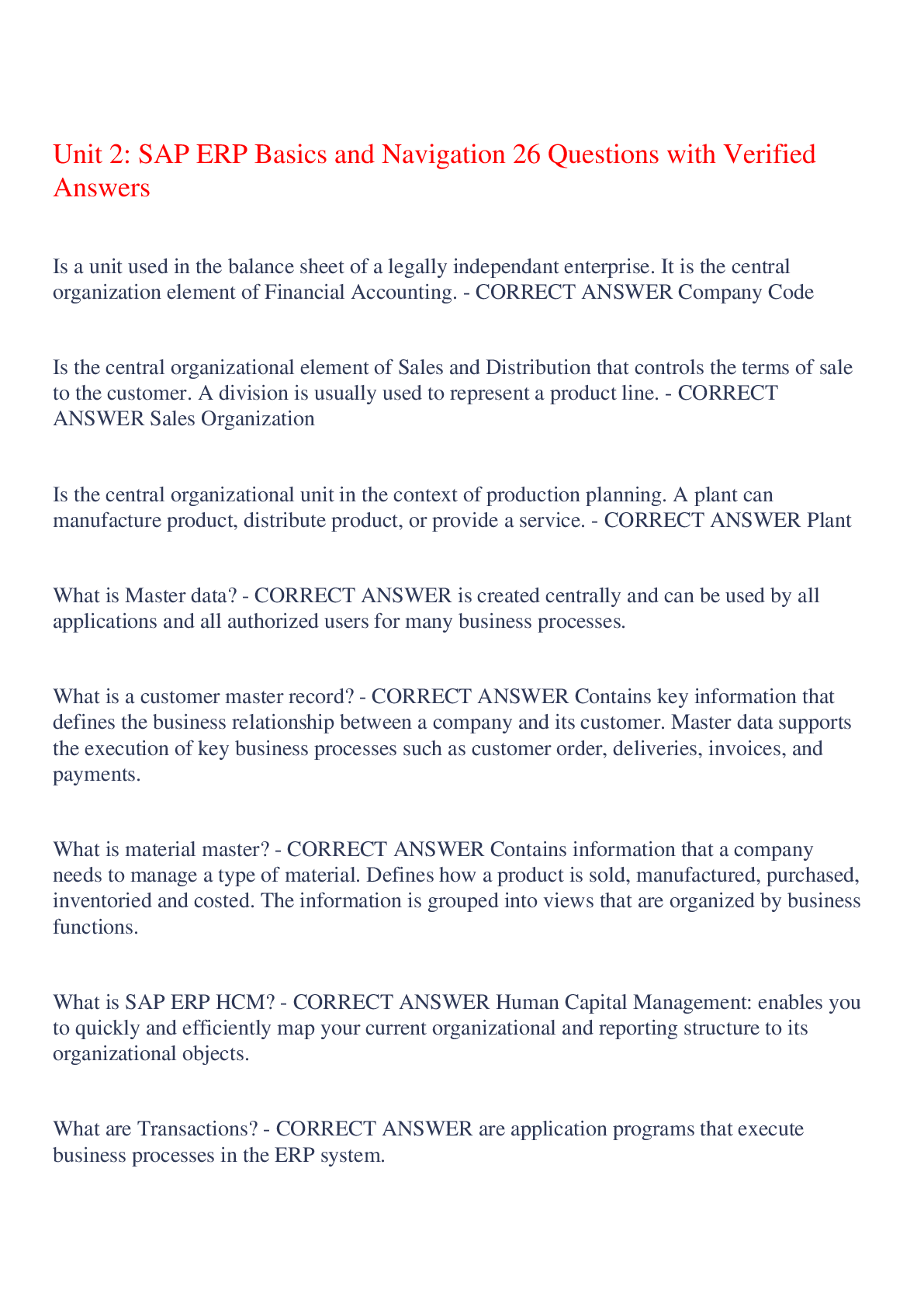 Preview image of Unit 2: SAP ERP Basics and Navigation 26 Questions with Verified Answers,100% CORRECT document