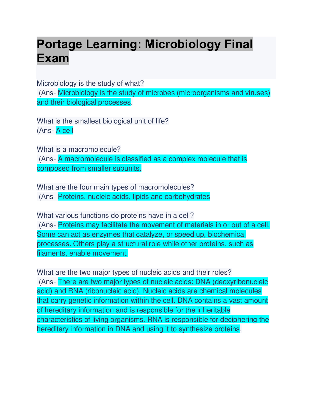 Preview image for Portage Learning: Microbiology Final Exam: Latest Updated:  Questions & Answers: Guaranteed A+