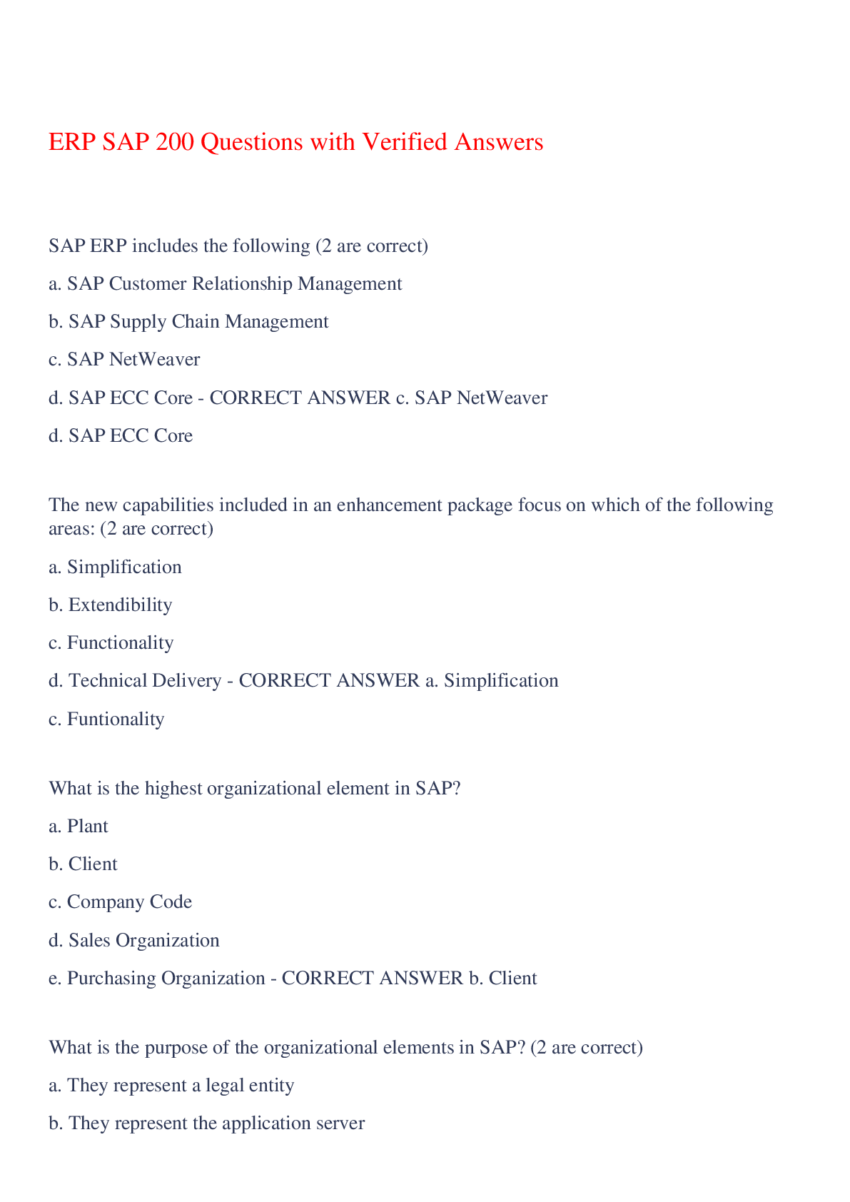 Preview of ERP SAP 200 Questions with Verified Answers,100% CORRECT