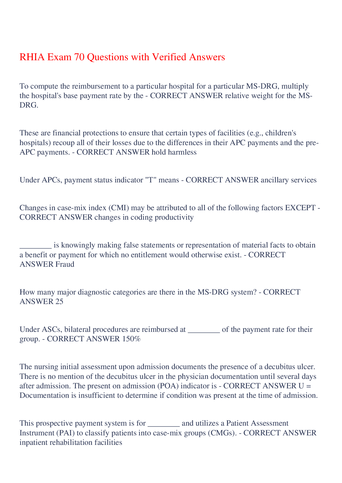 Preview of RHIA Exam 70 Questions with Verified Answers,100% CORRECT