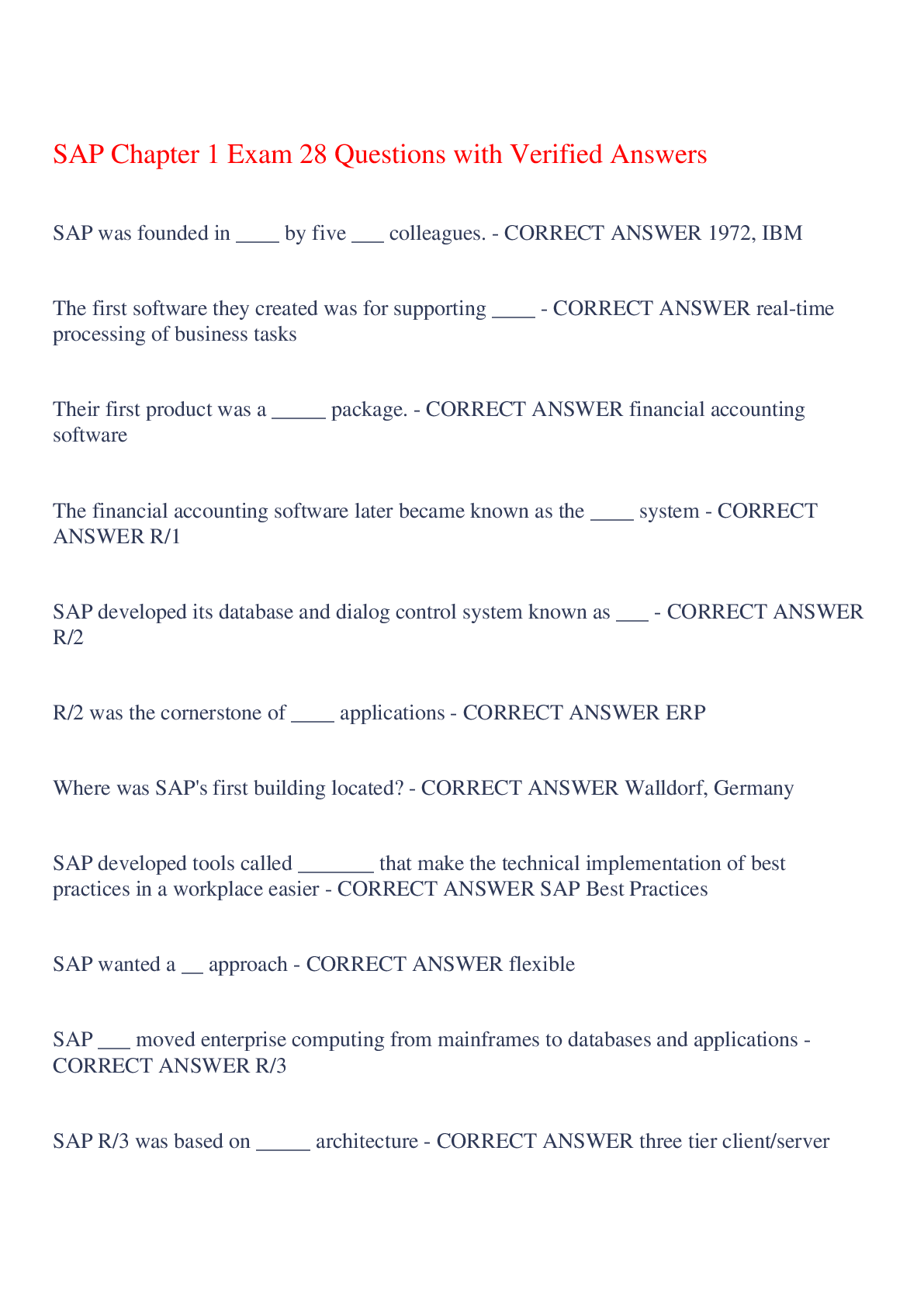 Preview of SAP Chapter 1 Exam 28 Questions with Verified Answers,100% CORRECT