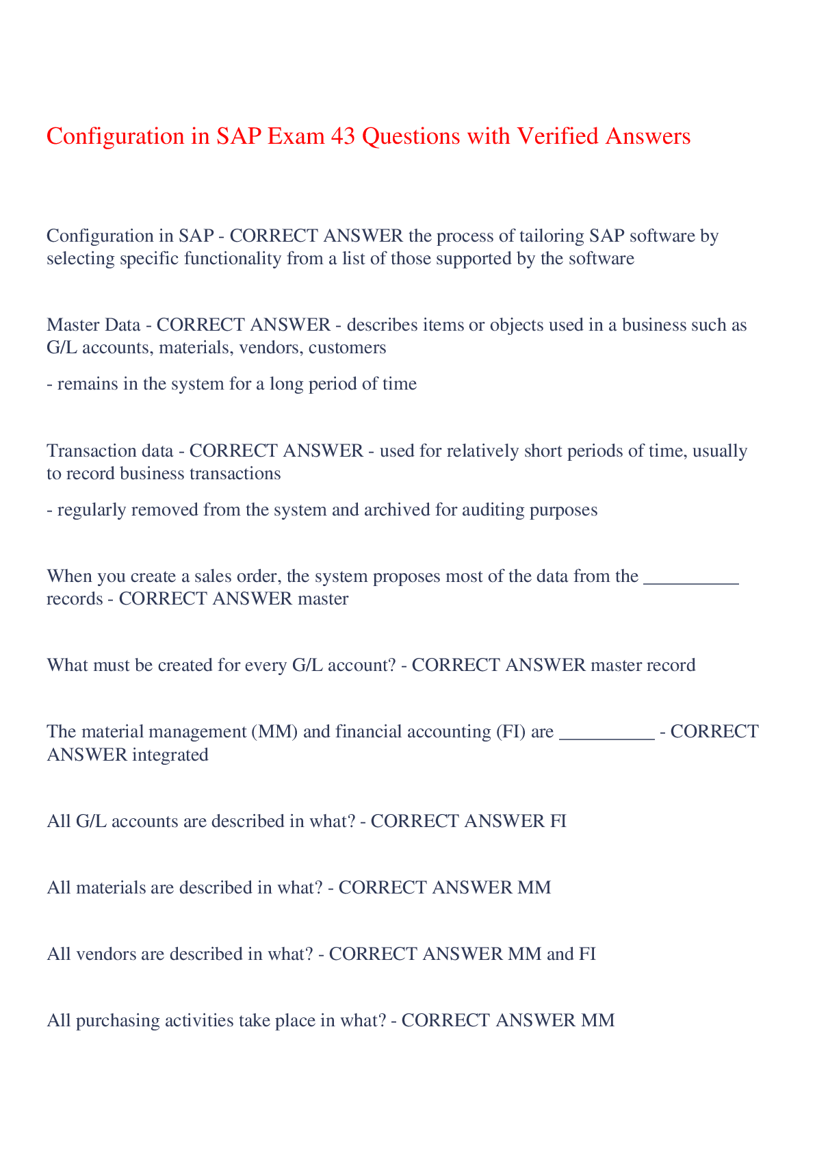 Preview image of Configuration in SAP Exam 43 Questions with Verified Answers,100% CORRECT document