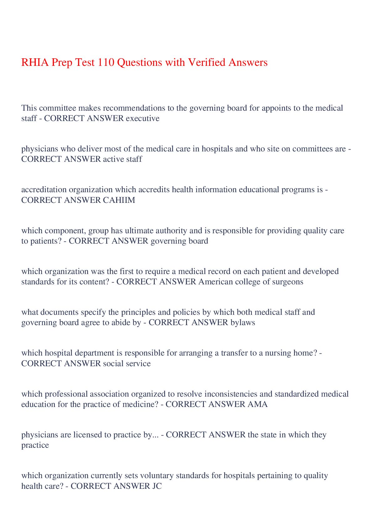 Preview of RHIA Prep Test 110 Questions with Verified Answers,100% CORRECT
