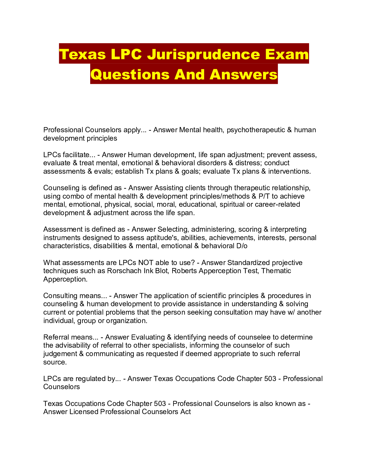 Texas LPC Jurisprudence Exam Questions And Answers