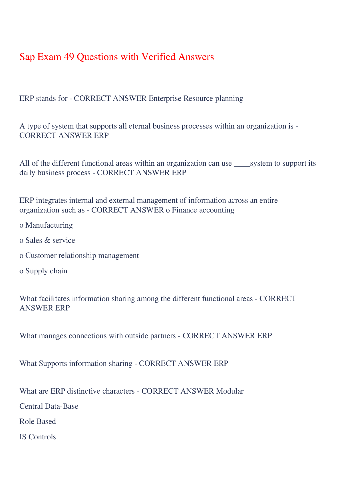 Preview of Sap Exam 49 Questions with Verified Answers,100% CORRECT