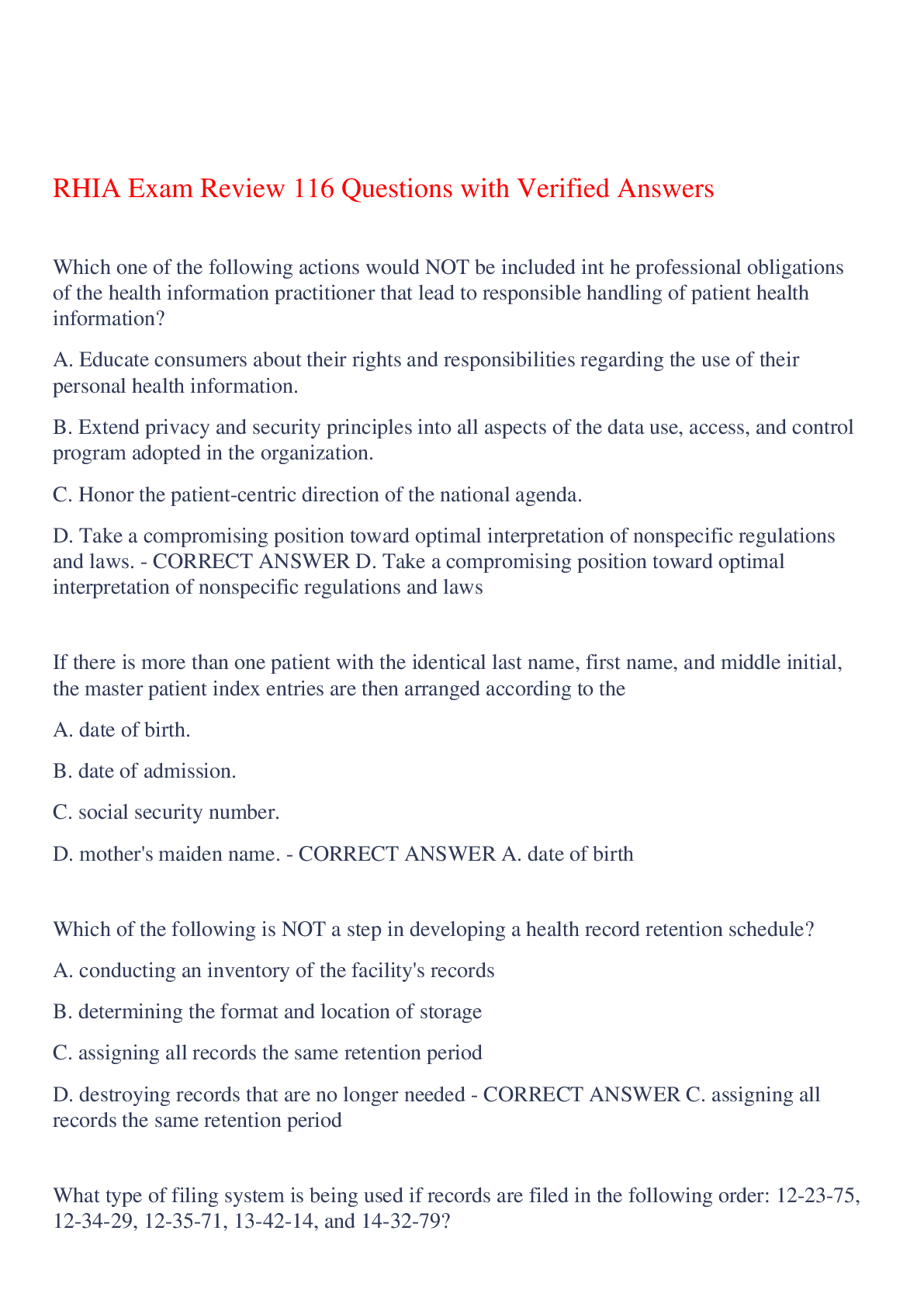 RHIA Exam Review 116 Questions with Verified Answers,100% CORRECT