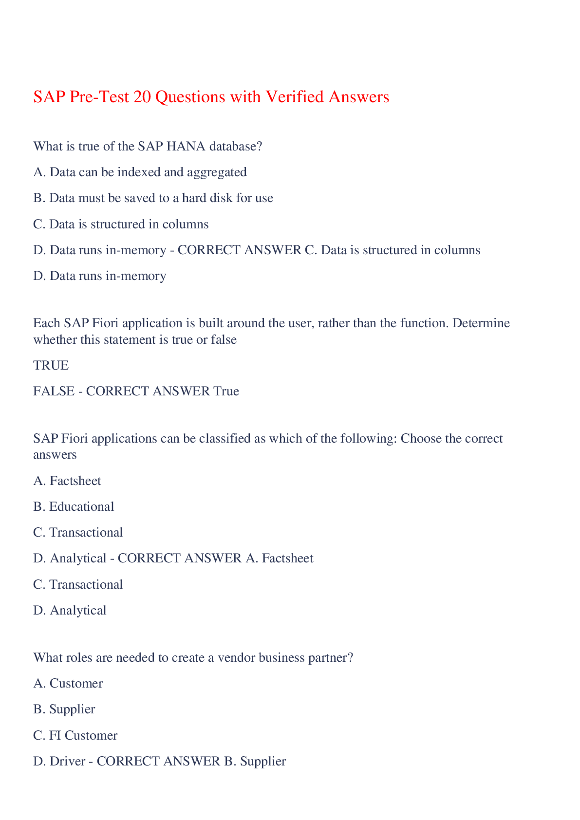 Preview image of SAP Pre-Test 20 Questions with Verified Answers,100% CORRECT document