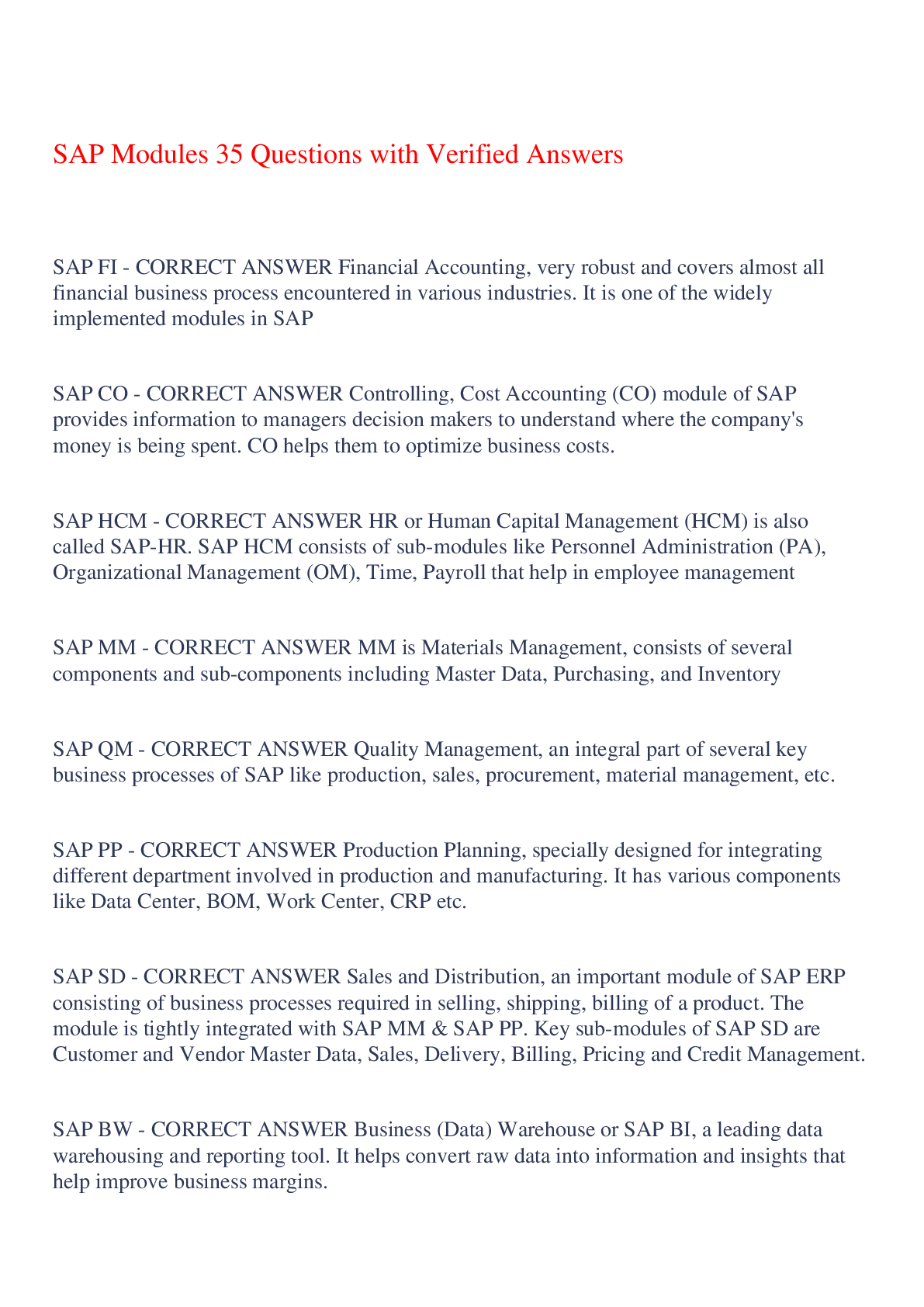 Preview image of SAP Modules 35 Questions with Verified Answers,100% CORRECT document