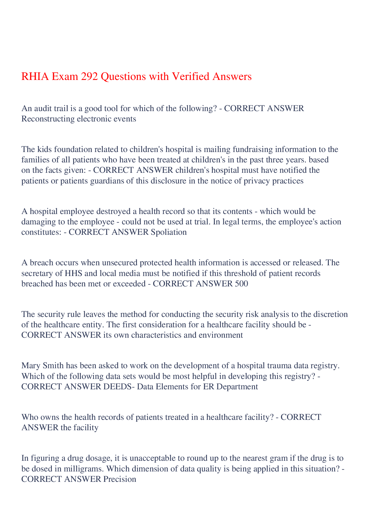 Preview image of RHIA Exam 292 Questions with Verified Answers,100% CORRECT document