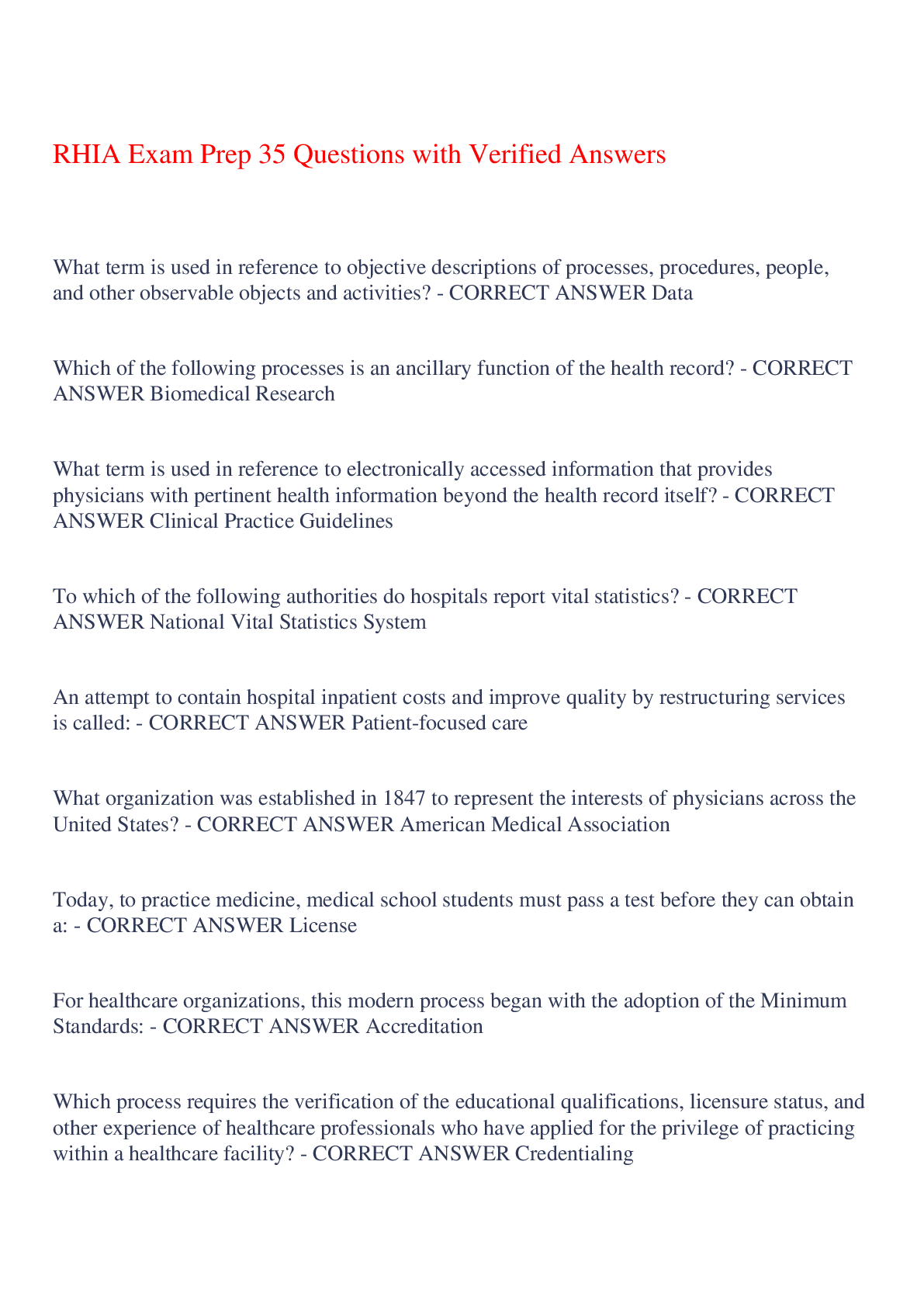 Preview of RHIA Exam Prep 35 Questions with Verified Answers,100% CORRECT
