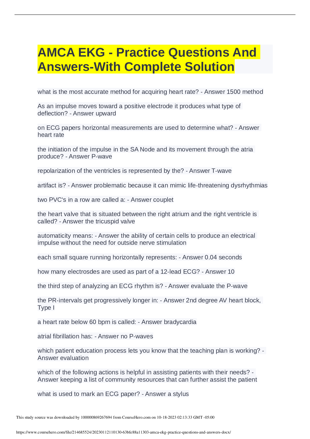 Preview image of AMCA EKG - Practice Questions AndAnswers-With Complete Solution document