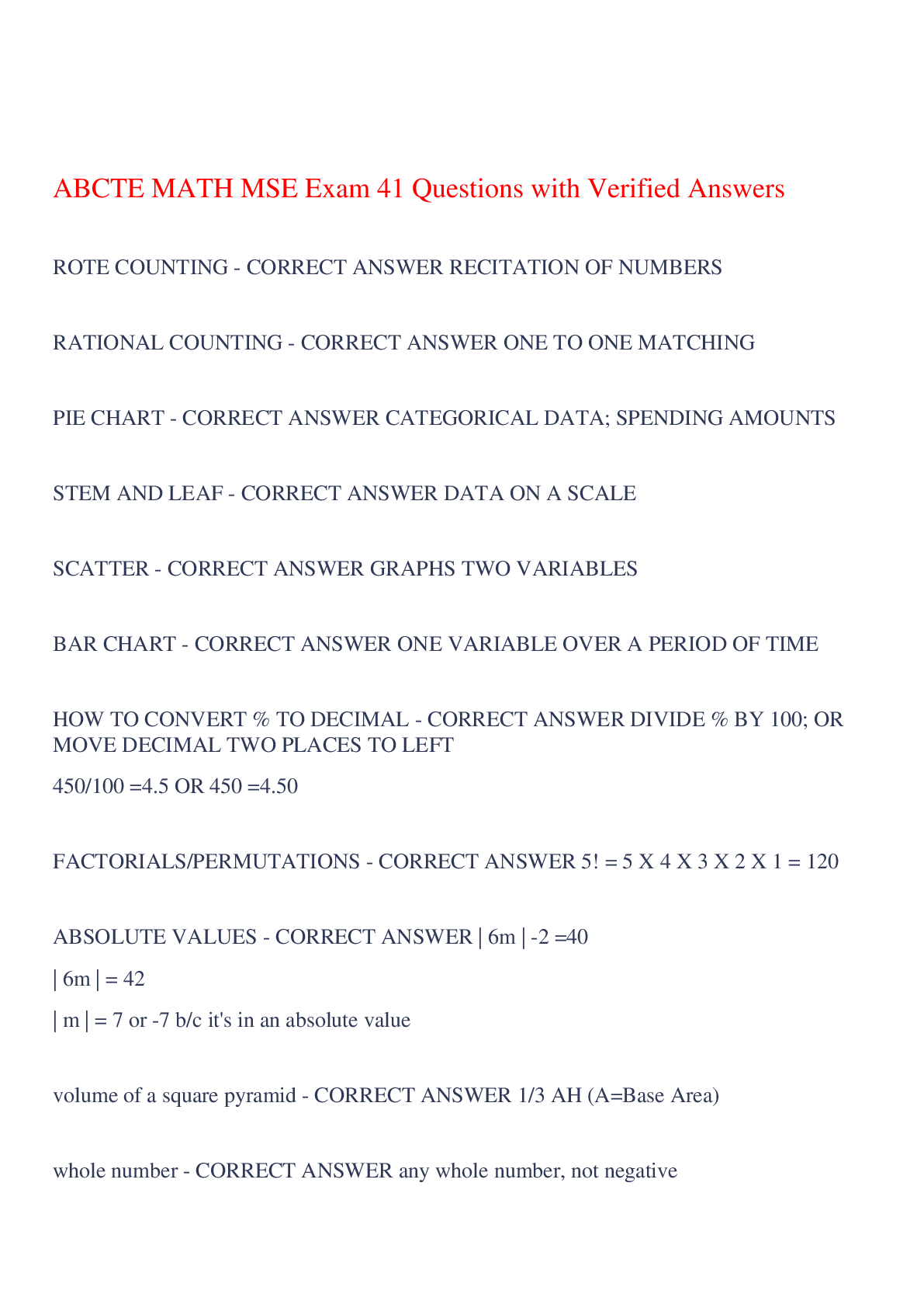 Preview of ABCTE MATH MSE Exam 41 Questions with Verified Answers,100% CORRECT