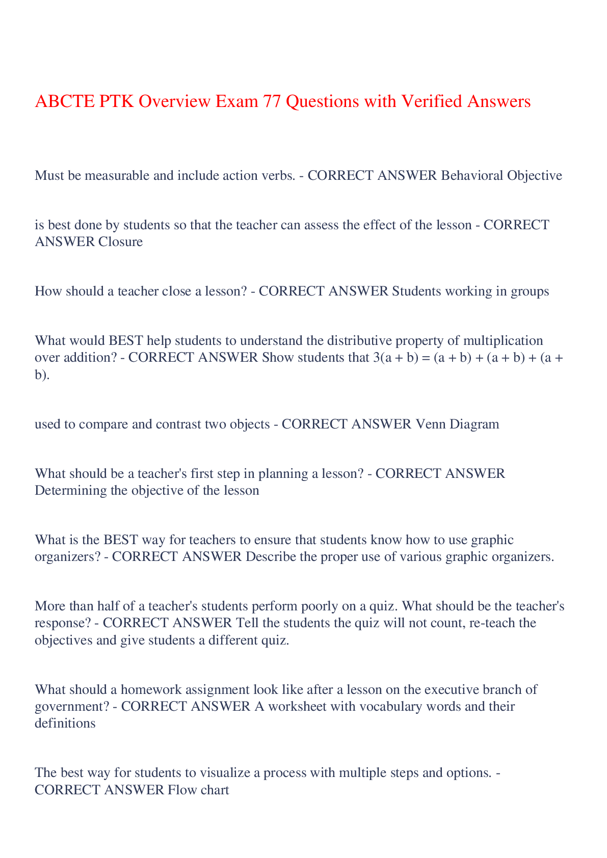 Preview of ABCTE PTK Overview Exam 77 Questions with Verified Answers,100% CORRECT