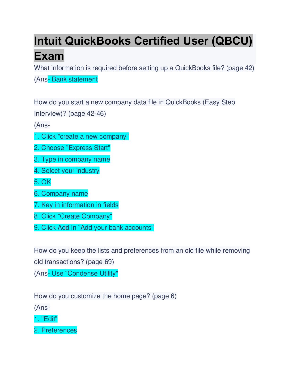 Preview image of Intuit QuickBooks Certified User (QBCU) Exam: Questions & Answers( Solved) document