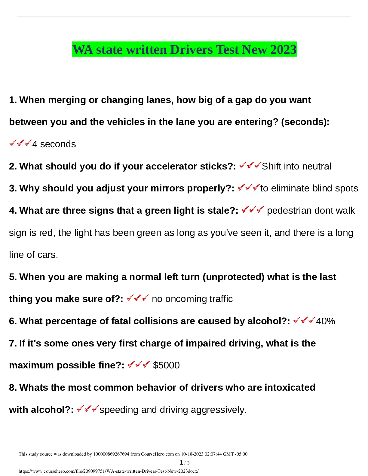Preview image of SWERVE Washington State Written Driver’s Test (100% Solved) document