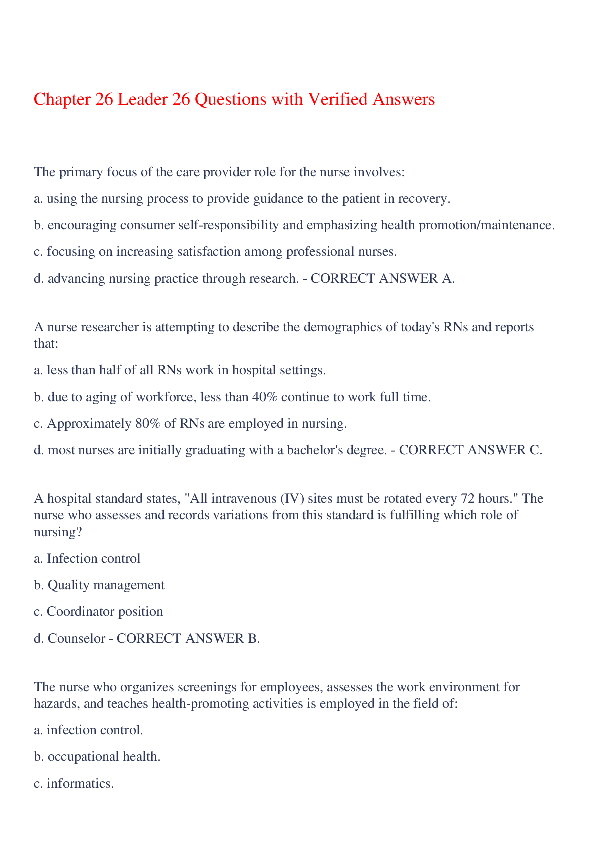 Preview image of Chapter 26 Leader 26 Questions with Verified Answers,100% CORRECT document