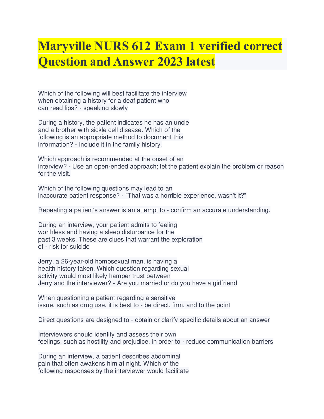 Preview of Maryville NURS 612 Exam 1 verified correctQuestion and Answer 2023 latest