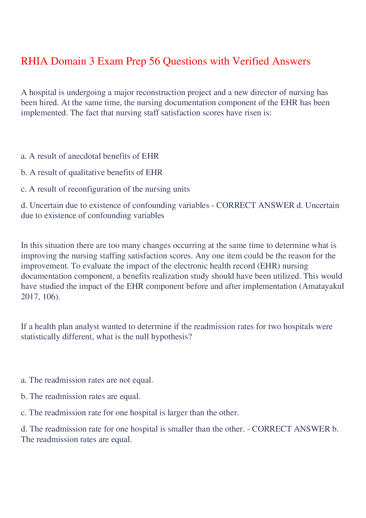 RHIA Domain 3 Exam Prep 56 Questions with Verified Answers,100% CORRECT