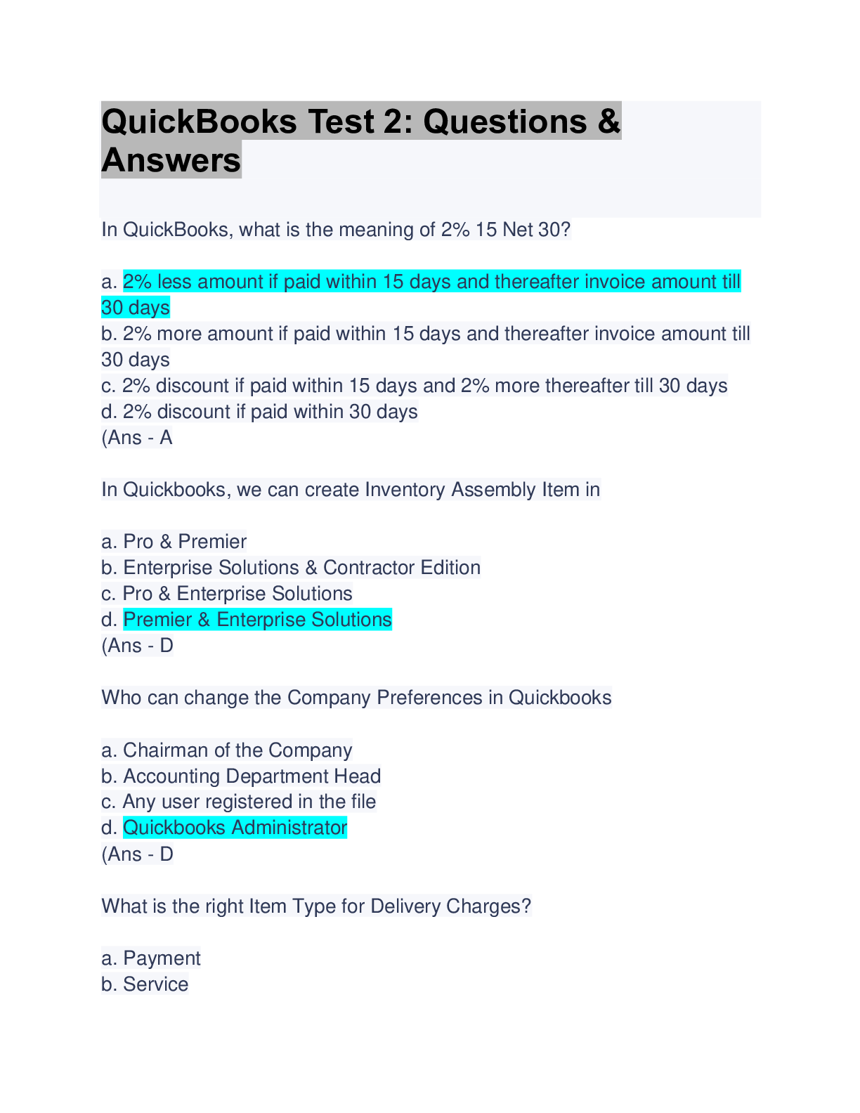 Preview image of QuickBooks Test 2: Questions & Answers: Updated A+ Guide Score Solution document