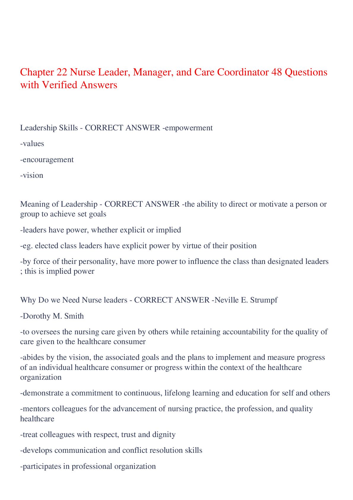 Preview of Chapter 22 Nurse Leader, Manager, and Care Coordinator 48 Questions with Verified Answers,100% CORRECT