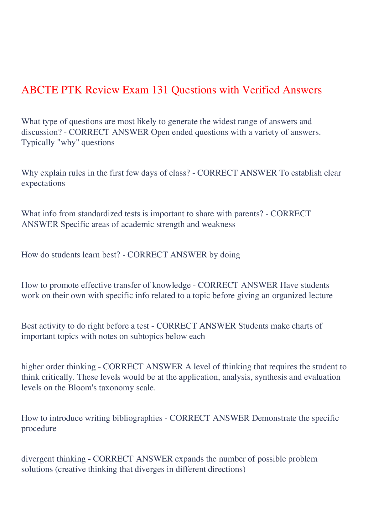 ABCTE PTK Review Exam 131 Questions with Verified Answers,100% CORRECT