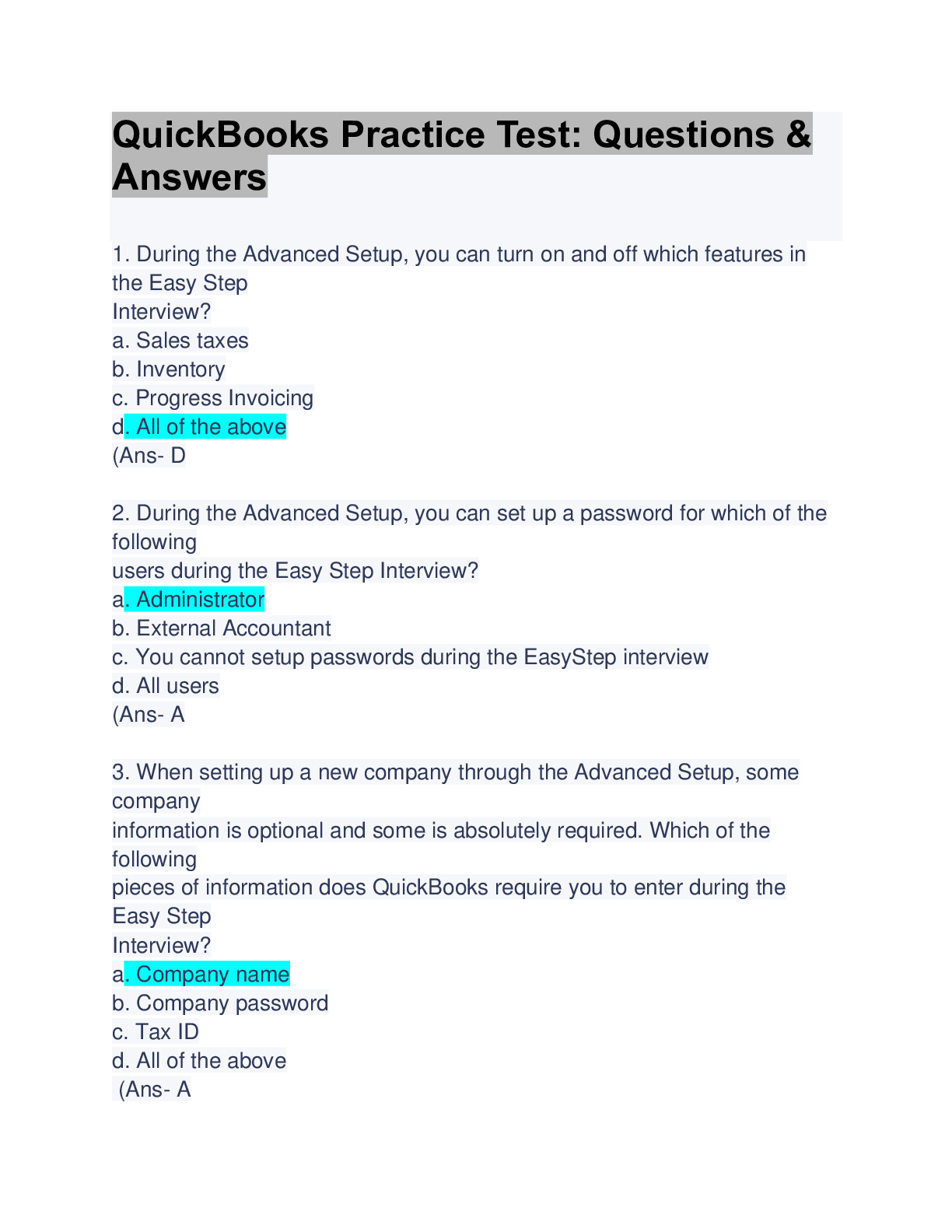 Preview image for QuickBooks Practice Test: Questions & Answers: Guaranteed A+ Guide