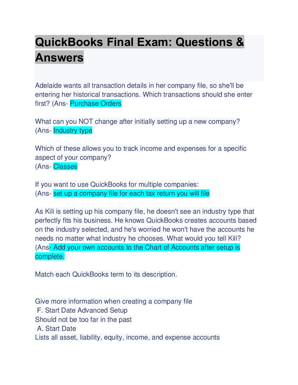 Preview image for QuickBooks Final Exam: Questions & Answers: Guaranteed A+ Score