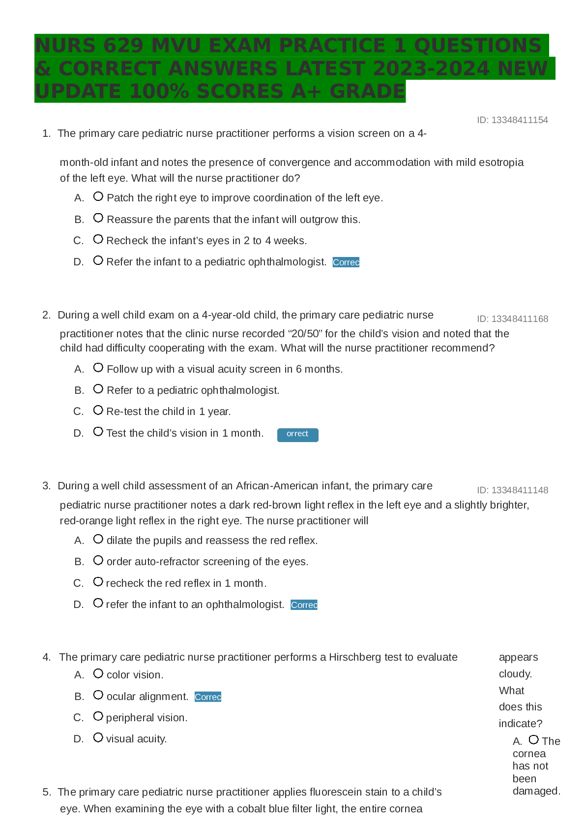 Preview of NURS 629 MVU EXAM PRACTICE 1 QUESTIONS&amp; CORRECT ANSWERS LATEST 2023-2024 NEWUPDATE 100% SCORES A+ GRADE