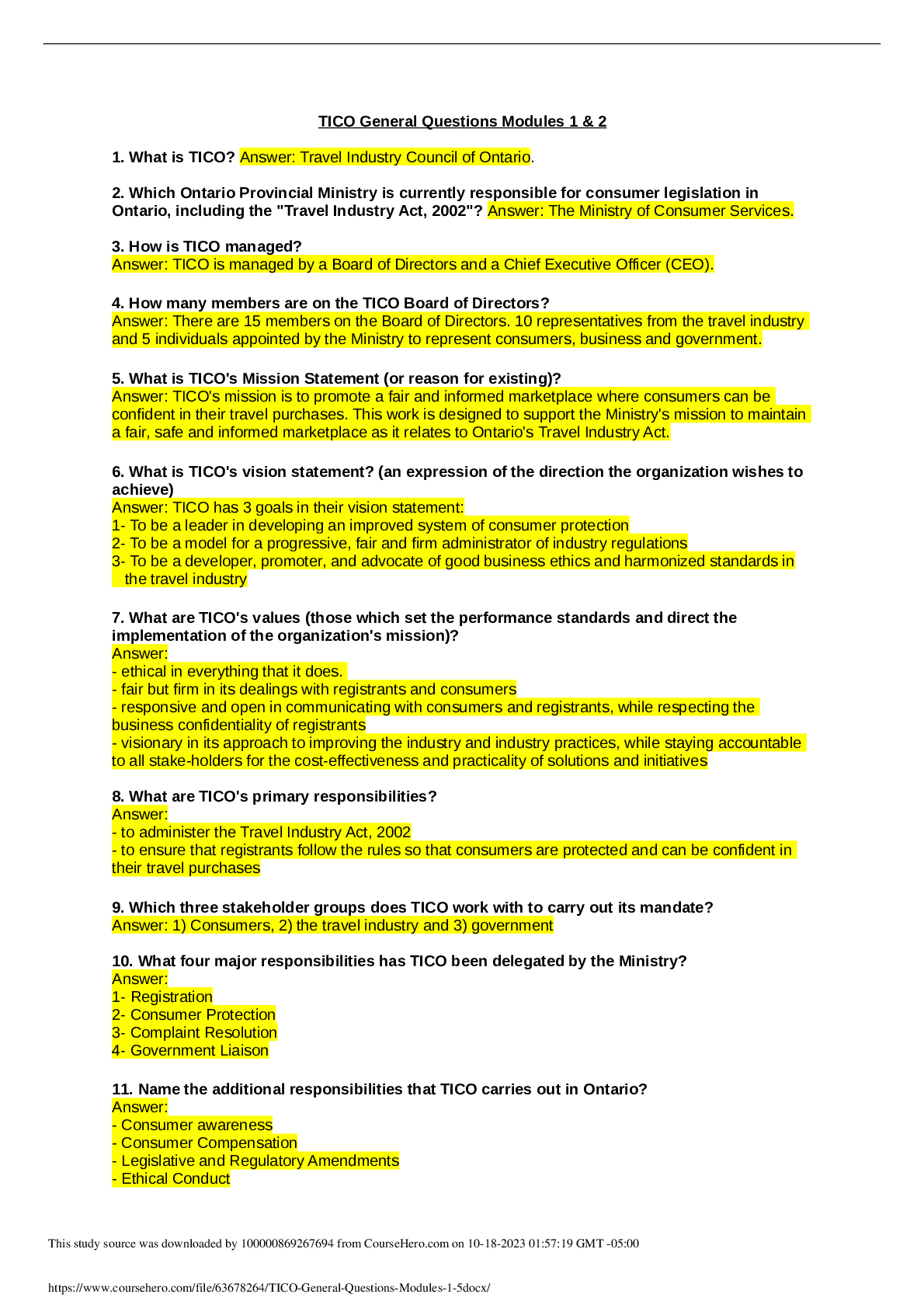 Preview image of TICO General Questions Modules 1 & 2 document