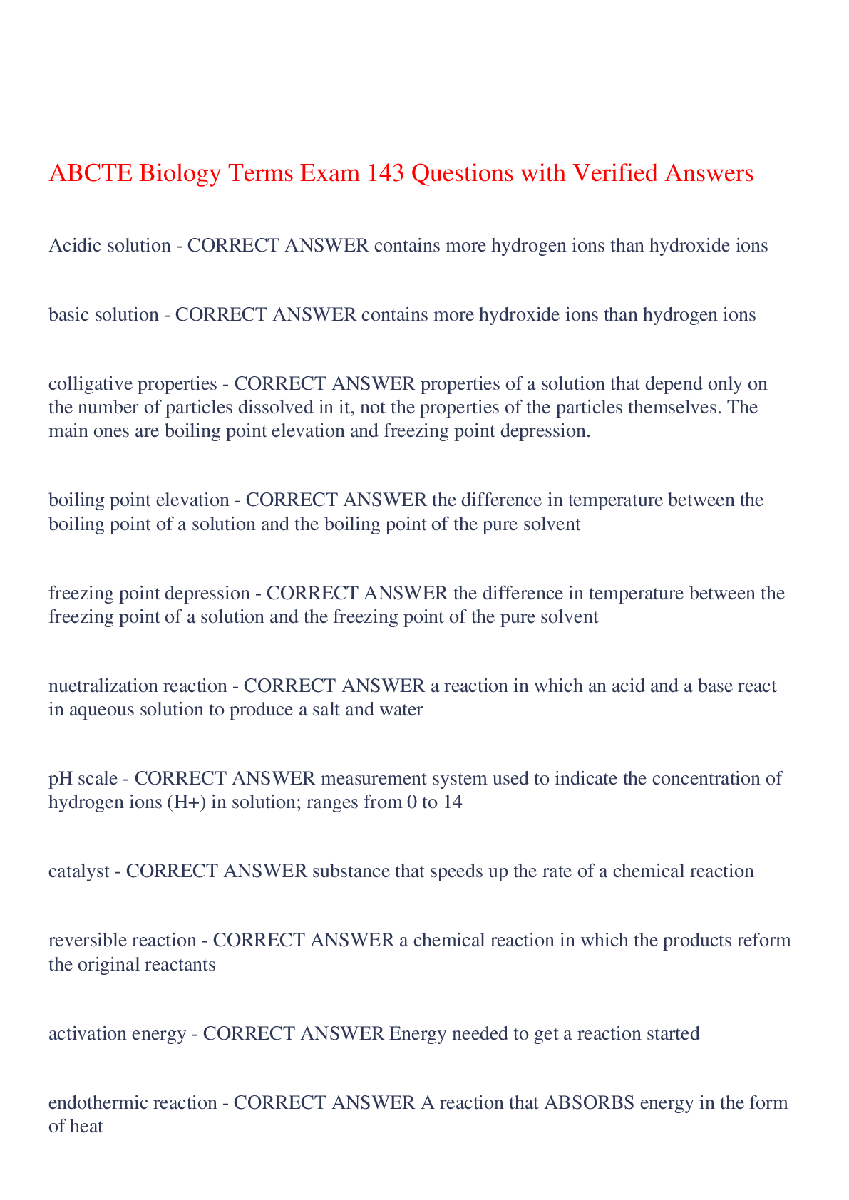 Preview of ABCTE Biology Terms Exam 143 Questions with Verified Answers,100% CORRECT