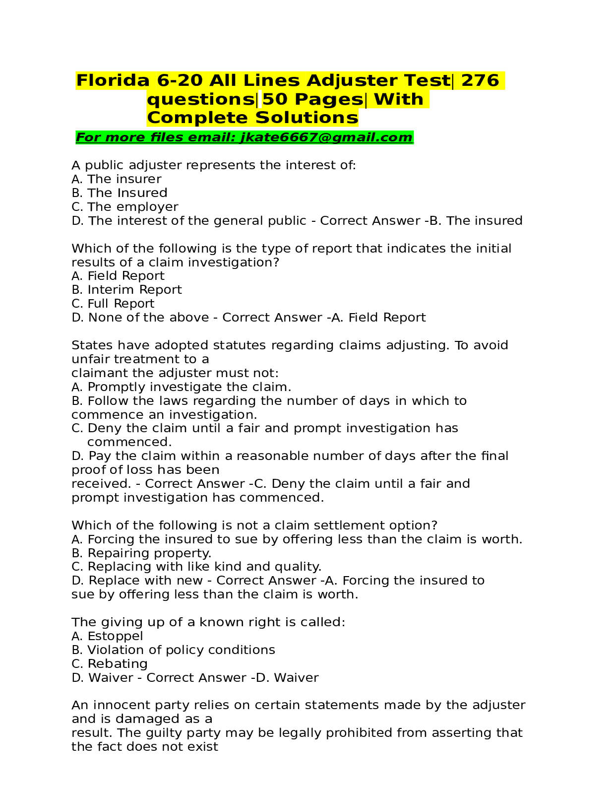 Preview of Florida All Lines Adjuster Test 50 Paged Exam 20232024