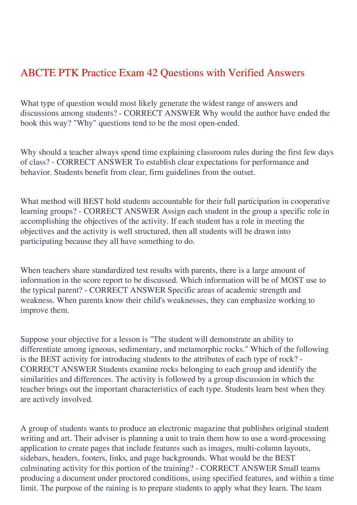 Preview image of ABCTE PTK Practice Exam 42 Questions with Verified Answers,100% CORRECT document