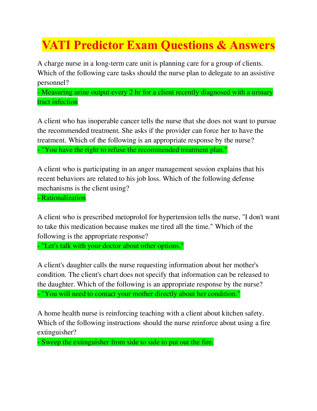 Preview image of VATI Predictor Exam Questions & Answers document