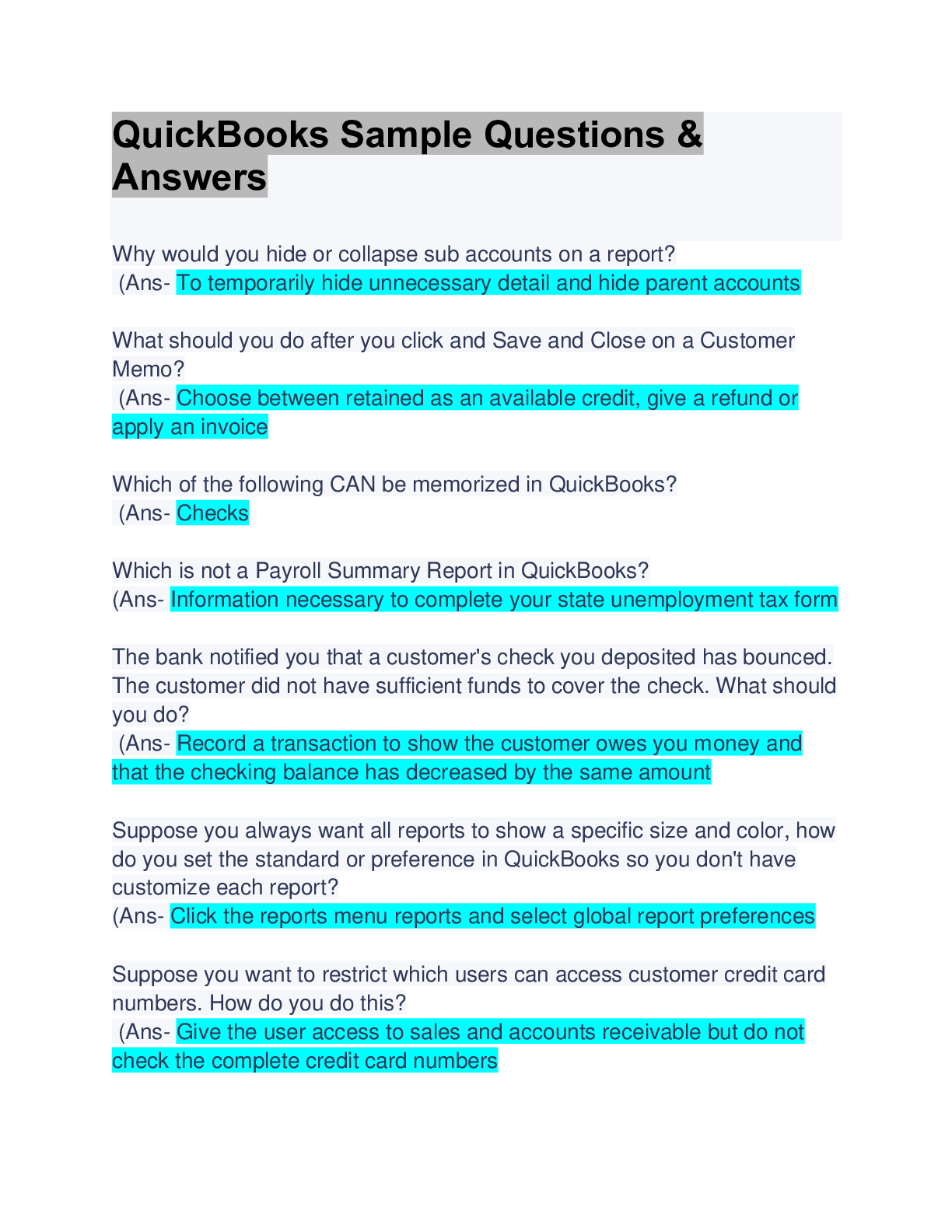 Preview image for QuickBooks: QuickBooks Sample Questions & Answers:  Updated A+ Guide