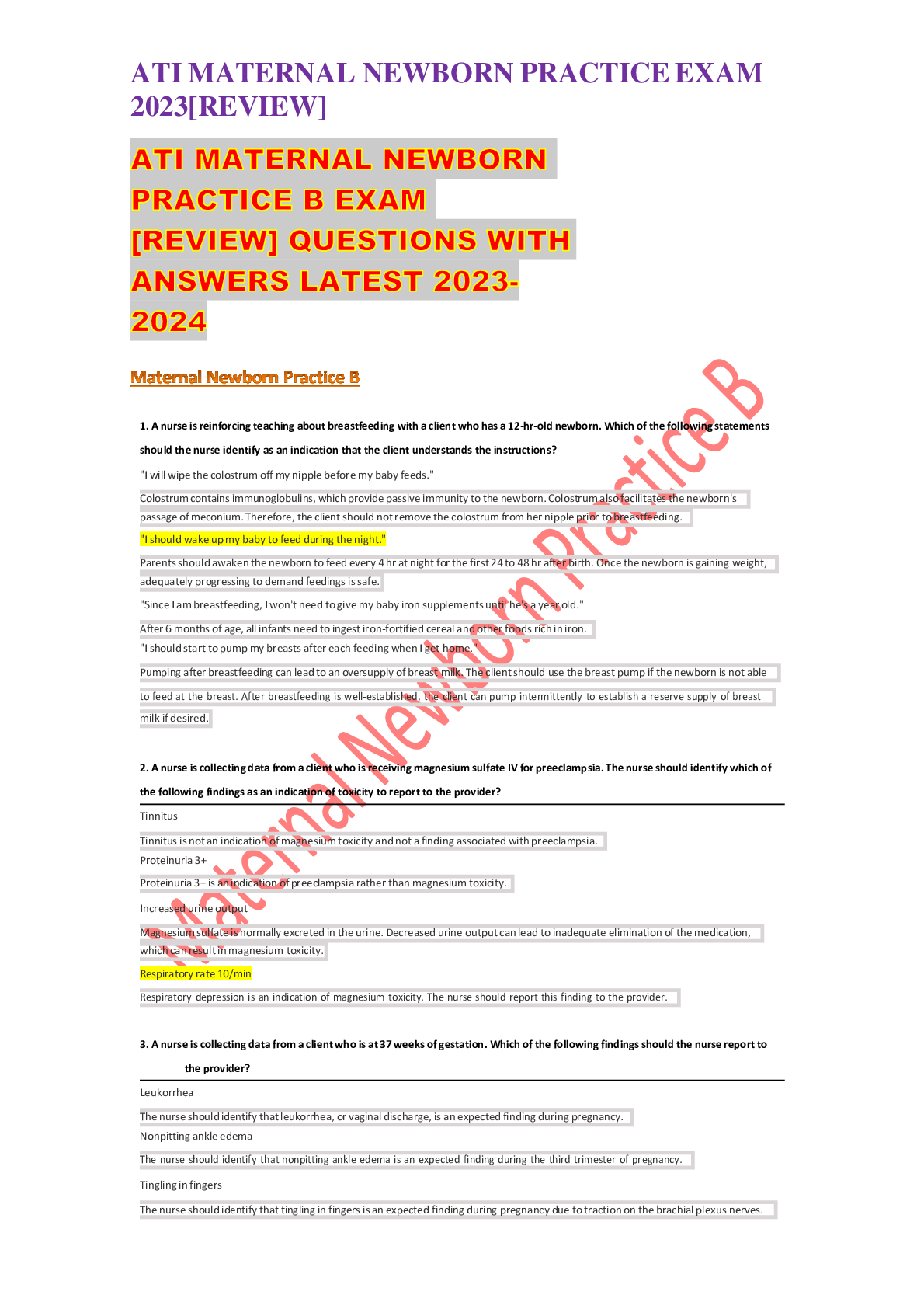 ATI MATERNAL NEWBORN PRACTICE B EXAM [REVIEW] QUESTIONS WITH ANSWERS ...