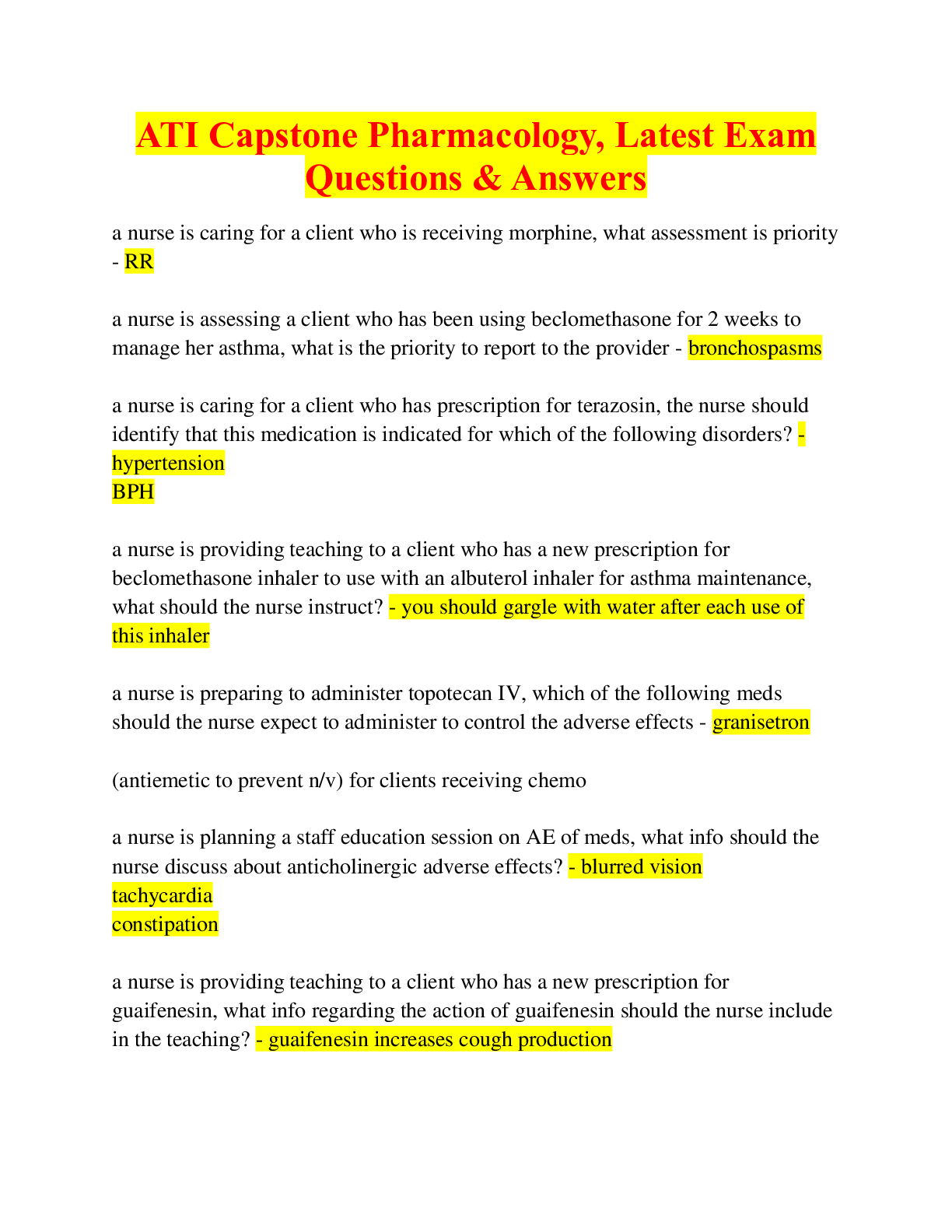 Preview of ATI Capstone Pharmacology, Latest Exam Prep Questions & Answers