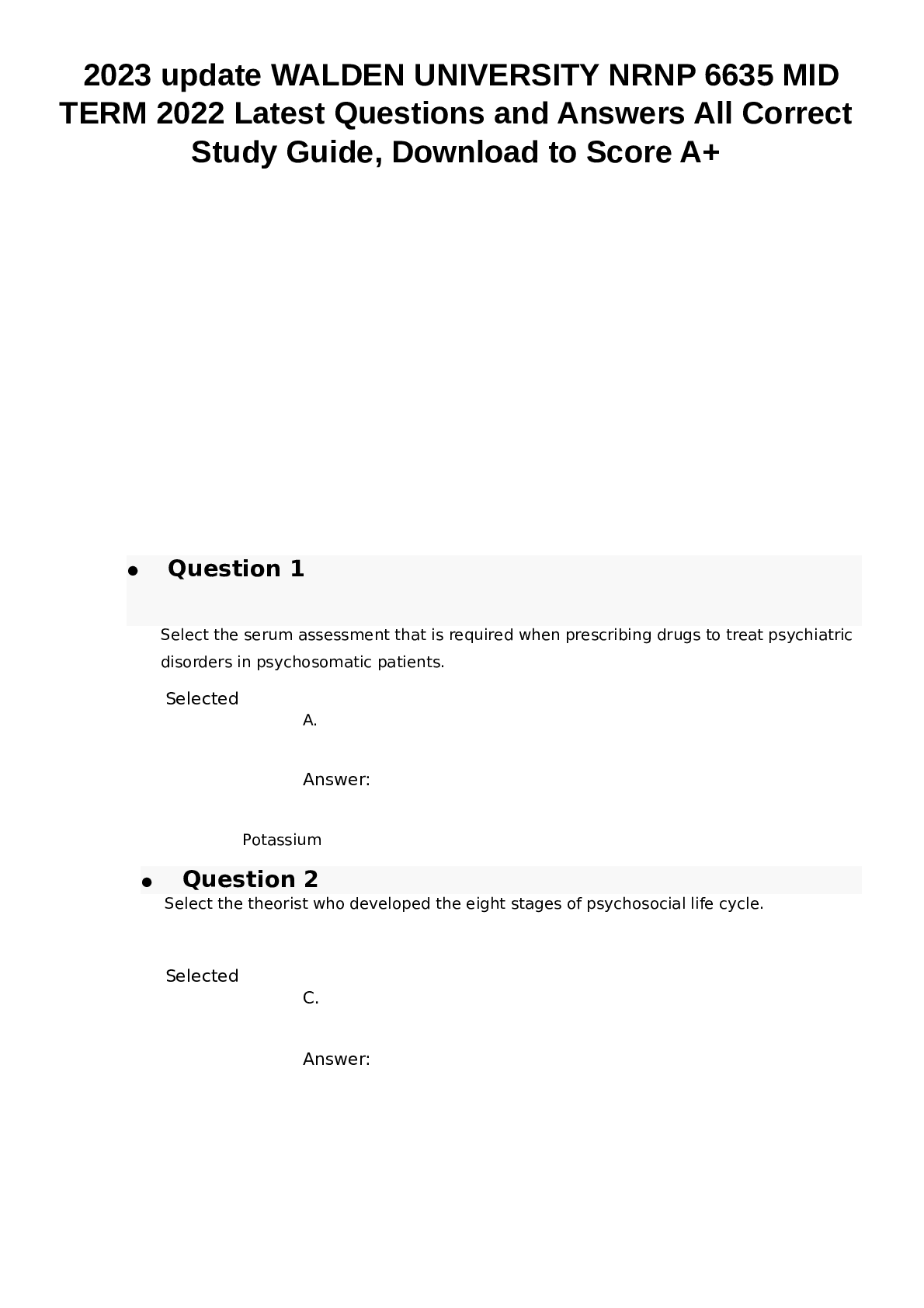 Preview of NRNP 6635 MIDTERM 2023 Latest Questions and Answers All CorrectStudy Guide
