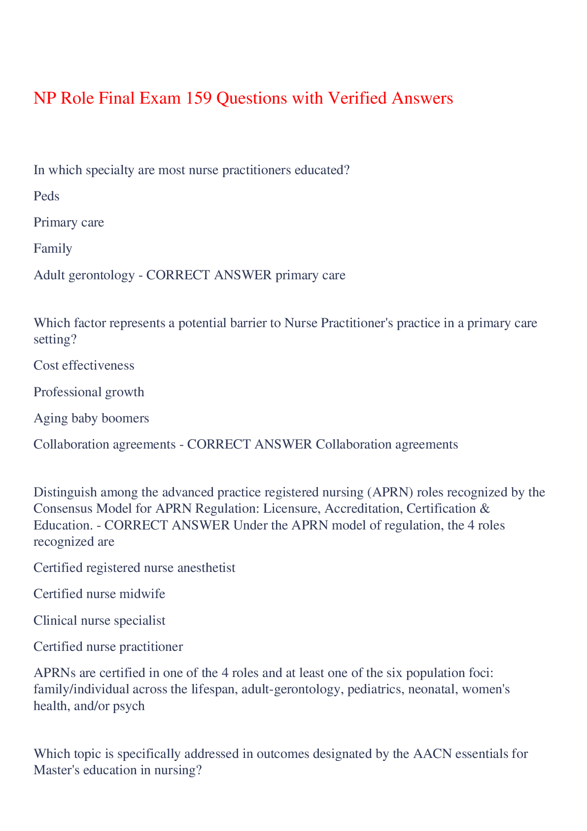 Preview of NP Role Final Exam 159 Questions with Verified Answers,100% CORRECT