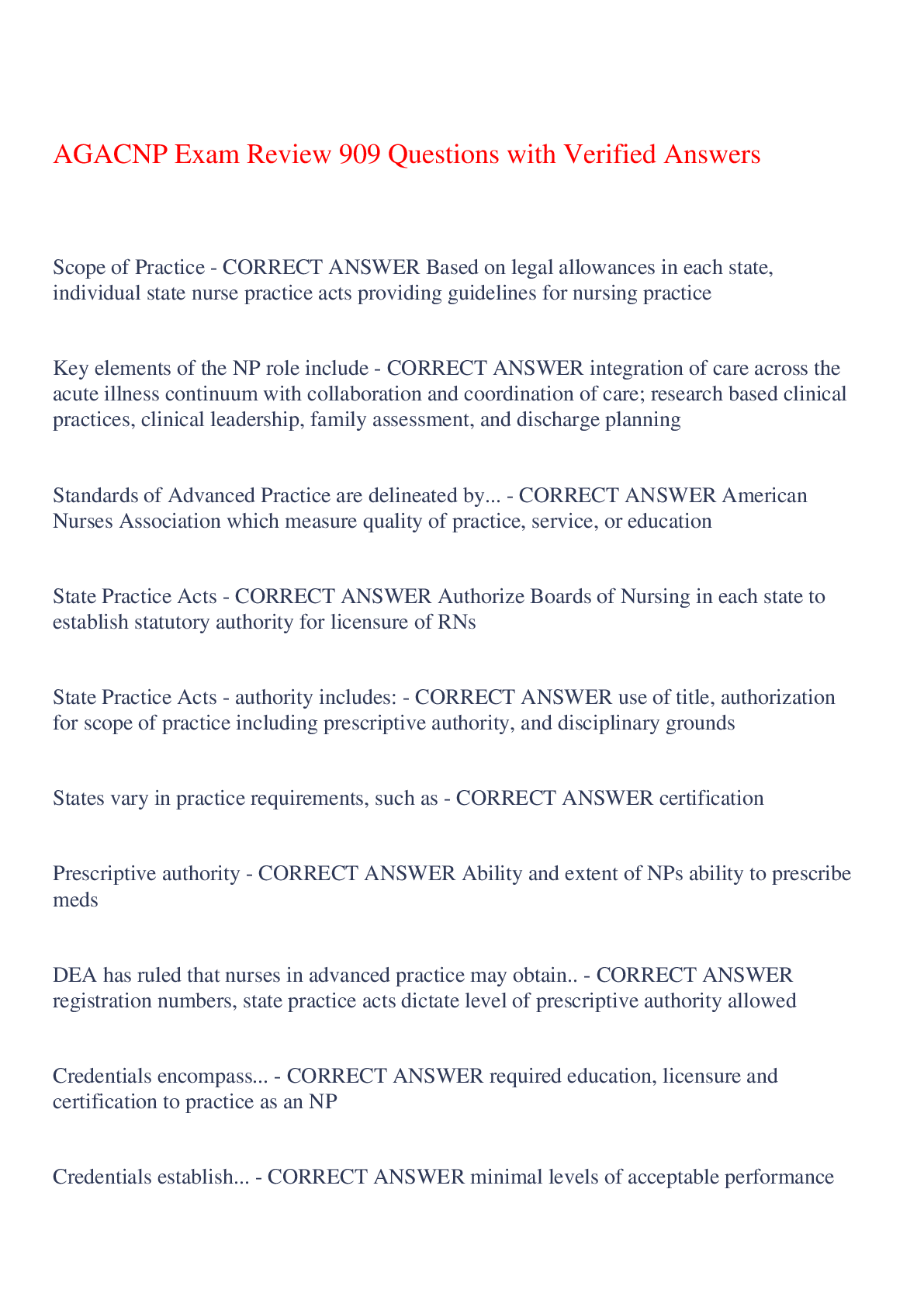Preview of AGACNP Exam Review 909 Questions with Verified Answers,100% CORRECT