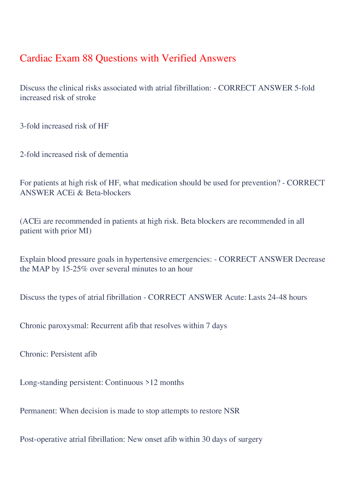 Preview image for Cardiac Exam 88 Questions with Verified Answers,100% CORRECT