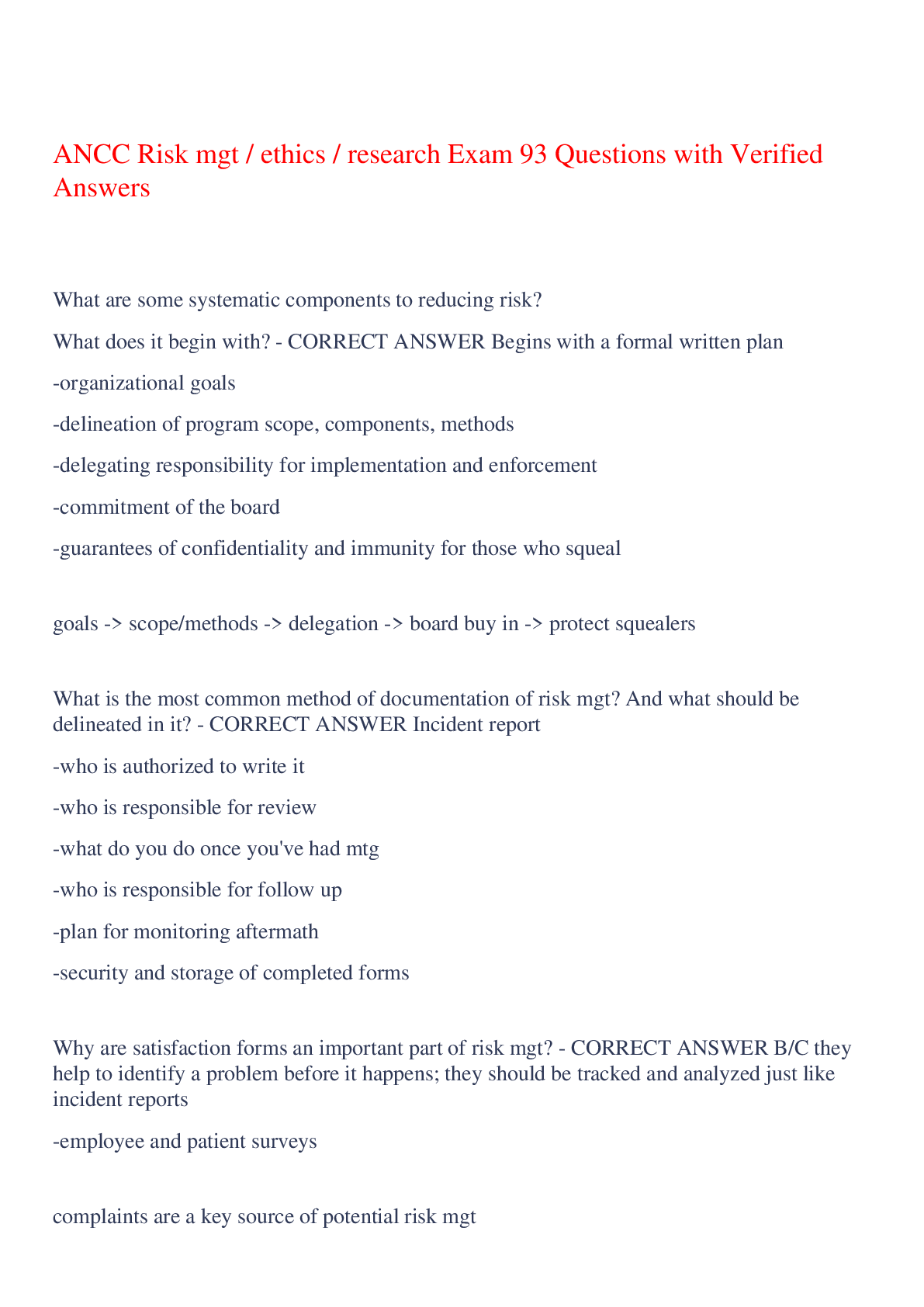 Preview of ANCC Risk mgt / ethics / research Exam 93 Questions with Verified Answers,100% CORRECT