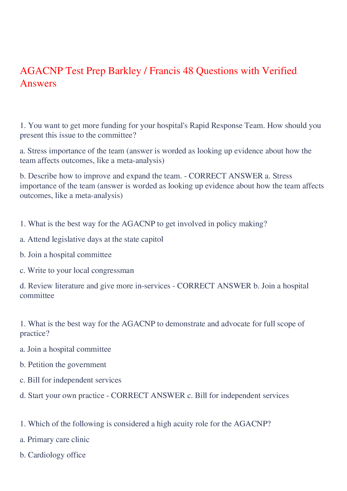 Preview of AGACNP Test Prep Barkley / Francis 48 Questions with Verified Answers,100% CORRECT