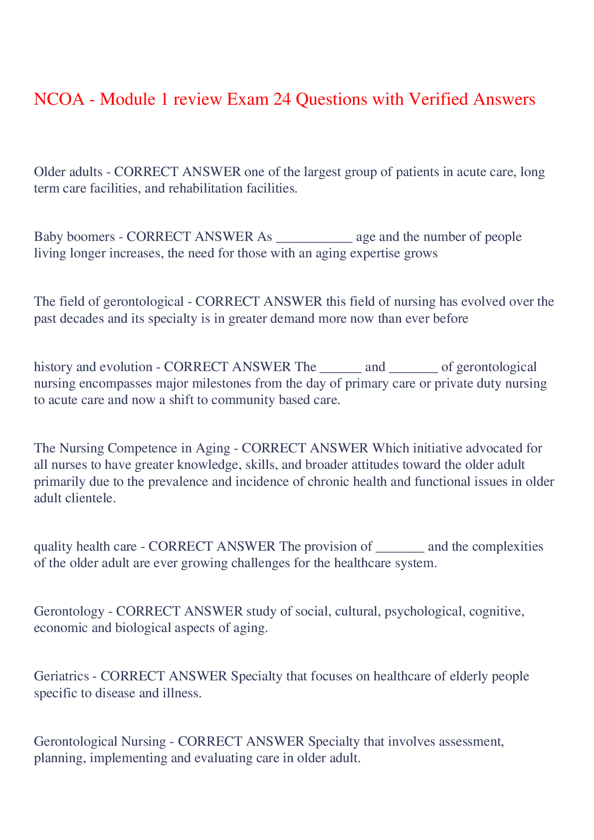 Preview of NCOA - Module 1 review Exam 24 Questions with Verified Answers,100% CORRECT