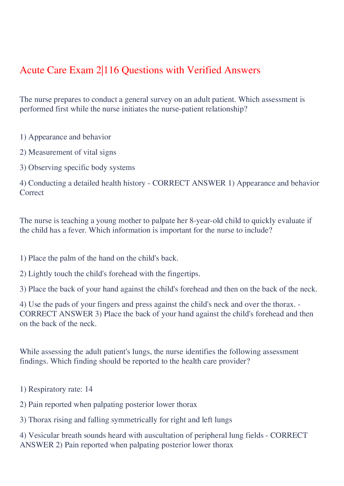 Preview image for Acute Care Exam 2|116 Questions with Verified Answers,100% CORRECT