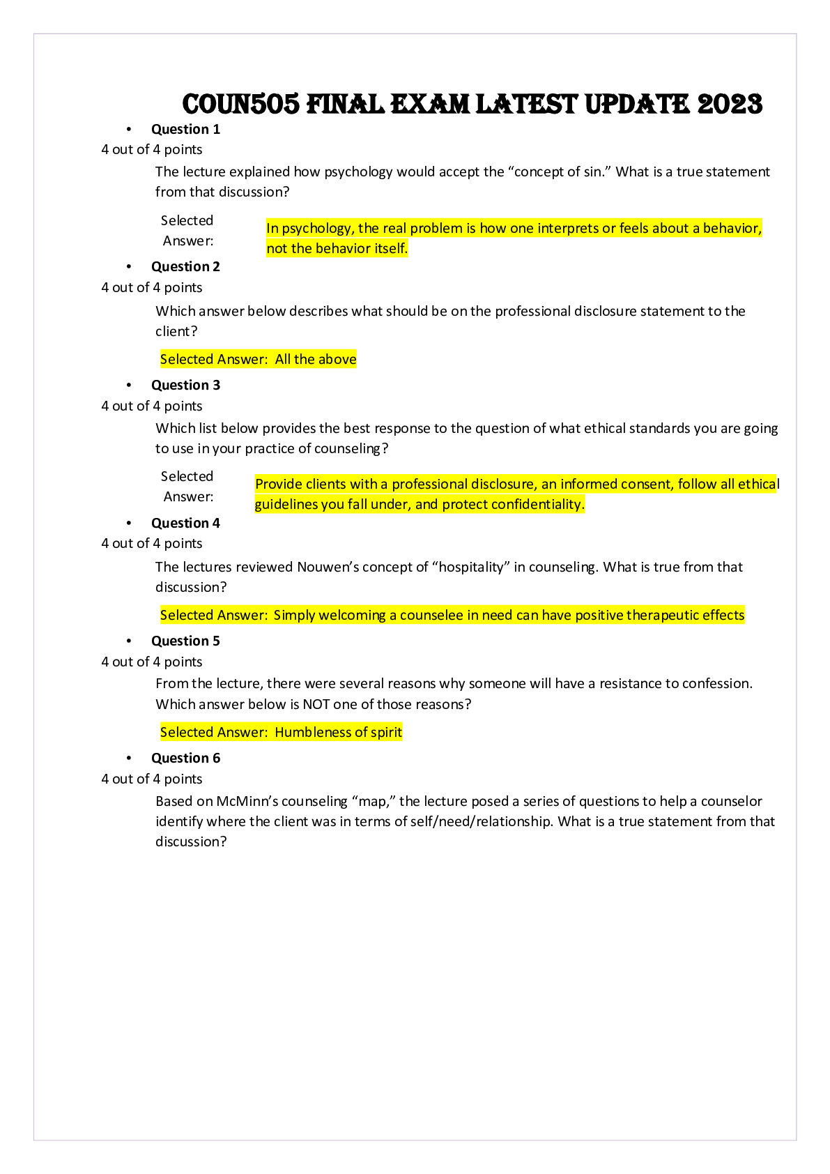 Preview of COUN506 FINAL EXAM LATEST UPDATE 2023