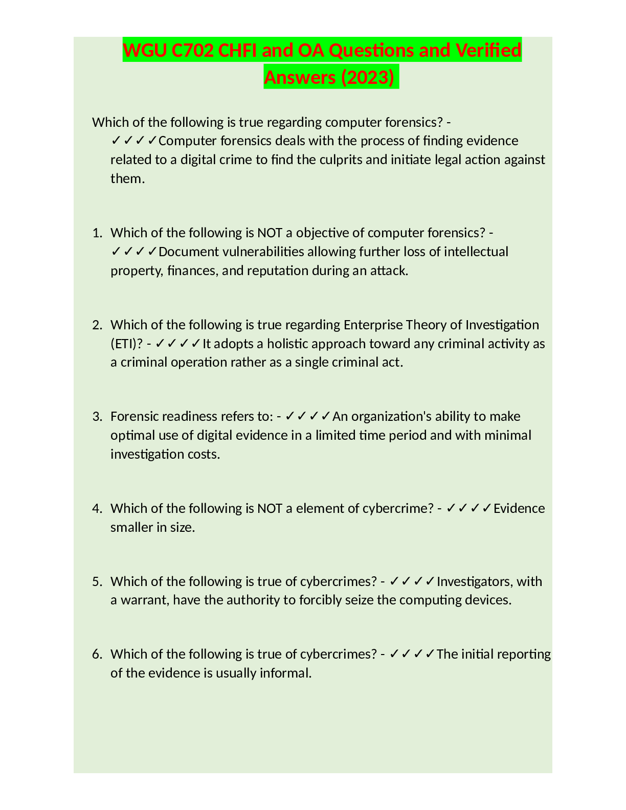 Preview of WGU C702 CHFI and OA Questions and VerifiedAnswers (2023