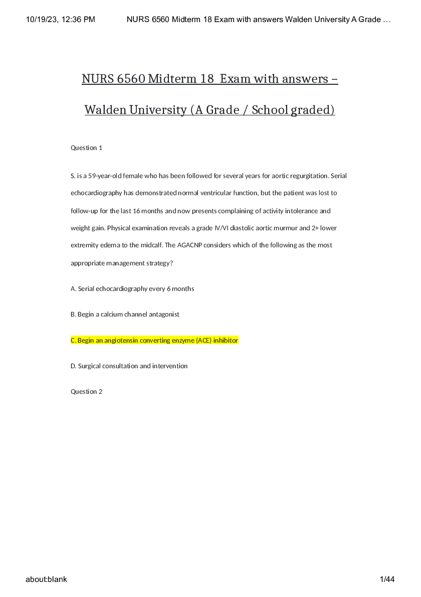 Preview of NURS 6560 MidtermExam Latest Update with answers 2023