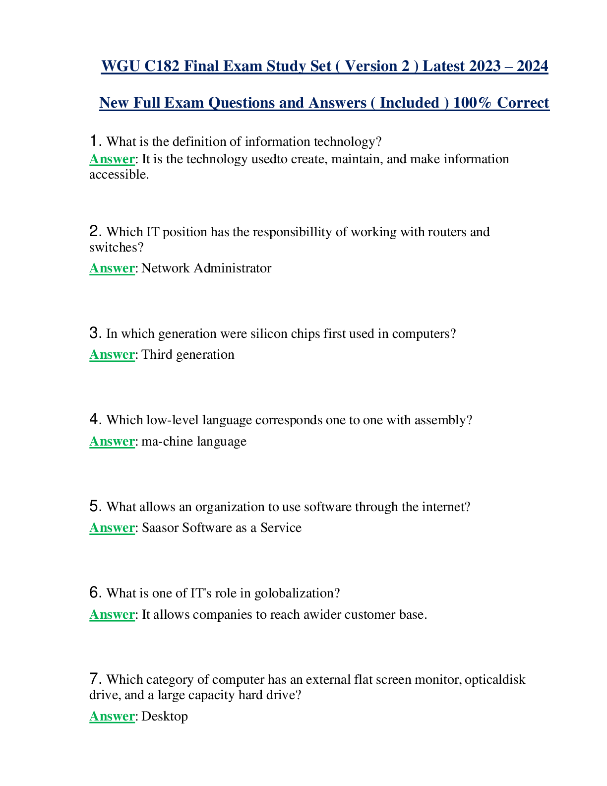 Preview image of WGU C182 Final Exam Study Set ( Version 2 ) Latest 2023-2024 document