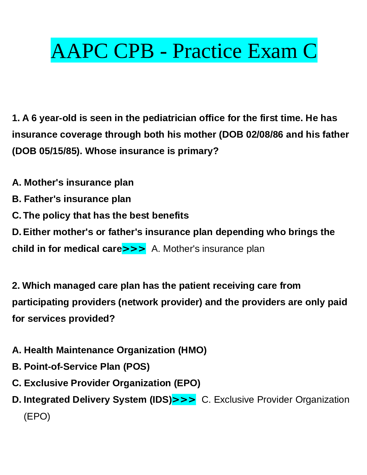 Preview of AAPC CPB - Practice Exam C 2023 Qns & Ans